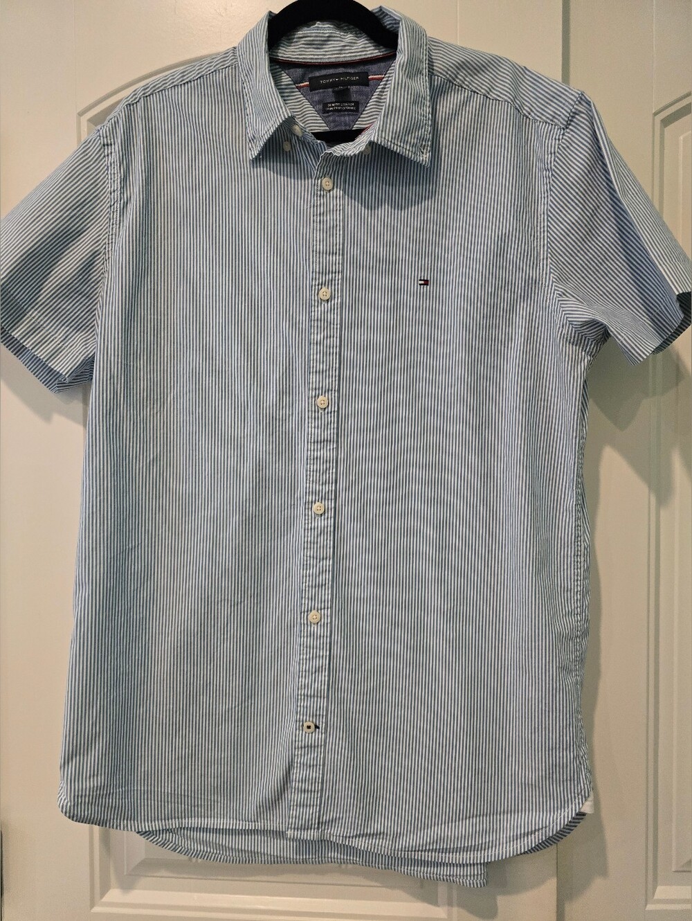 Tommy Hilfiger Light Blue & White Striped Short-Sleeve Button-Down Shirt